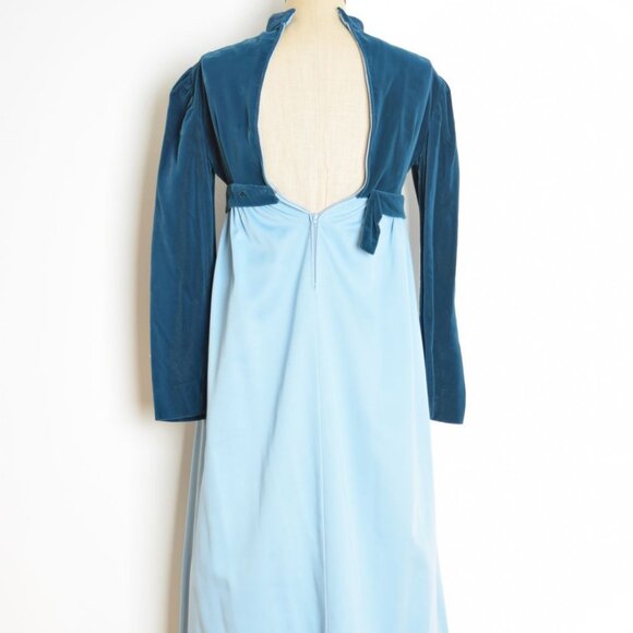 vintage 60s dress blue satin velvet Juliet babydoll empire regency puff maxi XS - Picture 7 of 8
